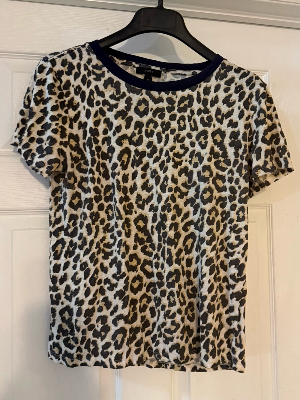J. Crew Short Sleeve Leopard Print Tee in Cream, Brown & Black with Navy Blue